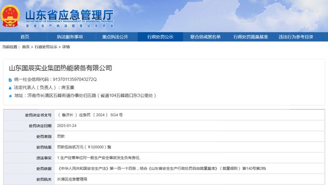 因这项违法事实山东国辰实业集团热能装备公司被罚52万元